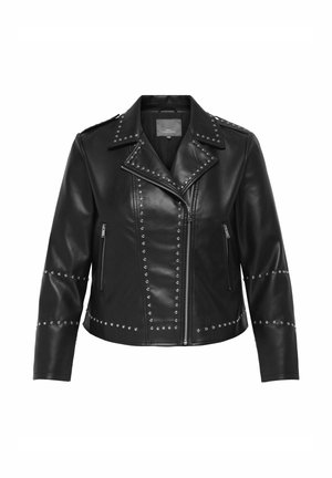 Svart fejk läderbikerjacka med silverfärgade nitar längs kragen och ärmarna. Har dragkedjefickor och en åtsittande design.