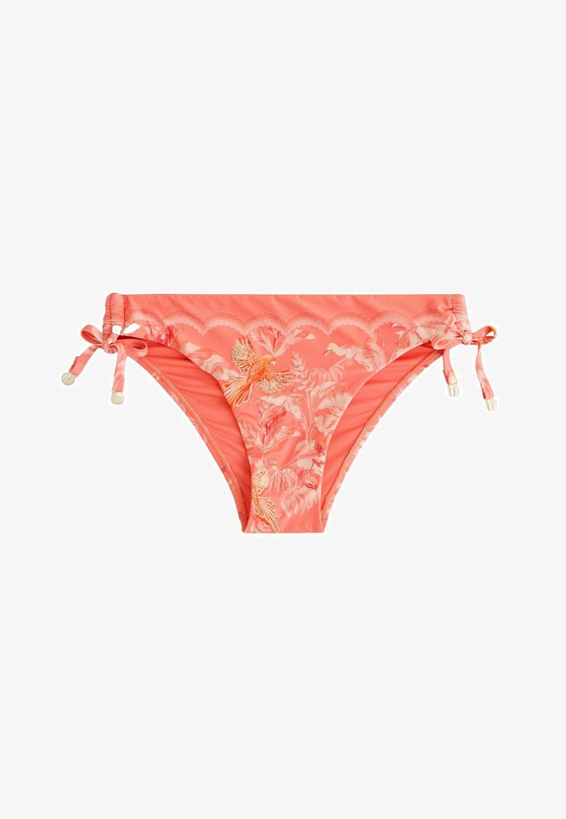 Bas de bikini corail avec des liens réglables sur les côtés, présentant un motif subtil de fleurs et d'oiseaux dans des teintes plus claires.