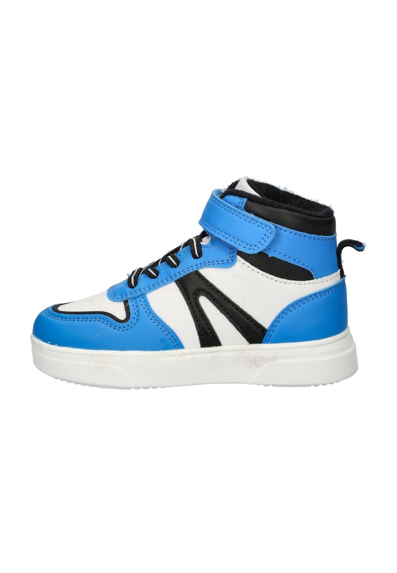 High-top sneaker van blauwe, witte en zwarte synthetische leer. Het heeft een rubberen zool, hexagonale perforaties en een klittenbandsluiting.