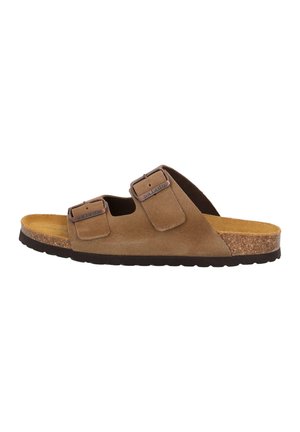 Brown suede slide sandal with two adjustable straps, a contoured cork footbed, and a textured rubber sole.