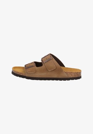 Brown suede slide sandal with two adjustable straps, a contoured cork footbed, and a textured rubber sole.