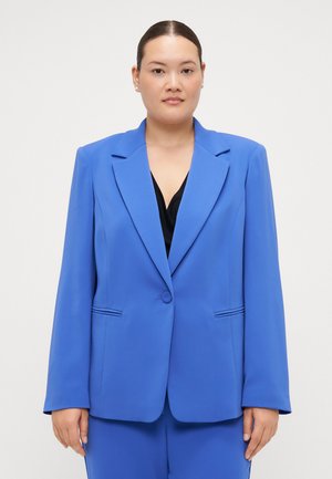 Blue tailored blazer made of smooth fabric. Features a notched lapel, single button closure, and two front pockets with subtle stitching.
