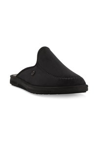 Pantofole nere in suede con punta arrotondata, dettagli cuciti, suola texturizzata e un sottile logo sul lato.