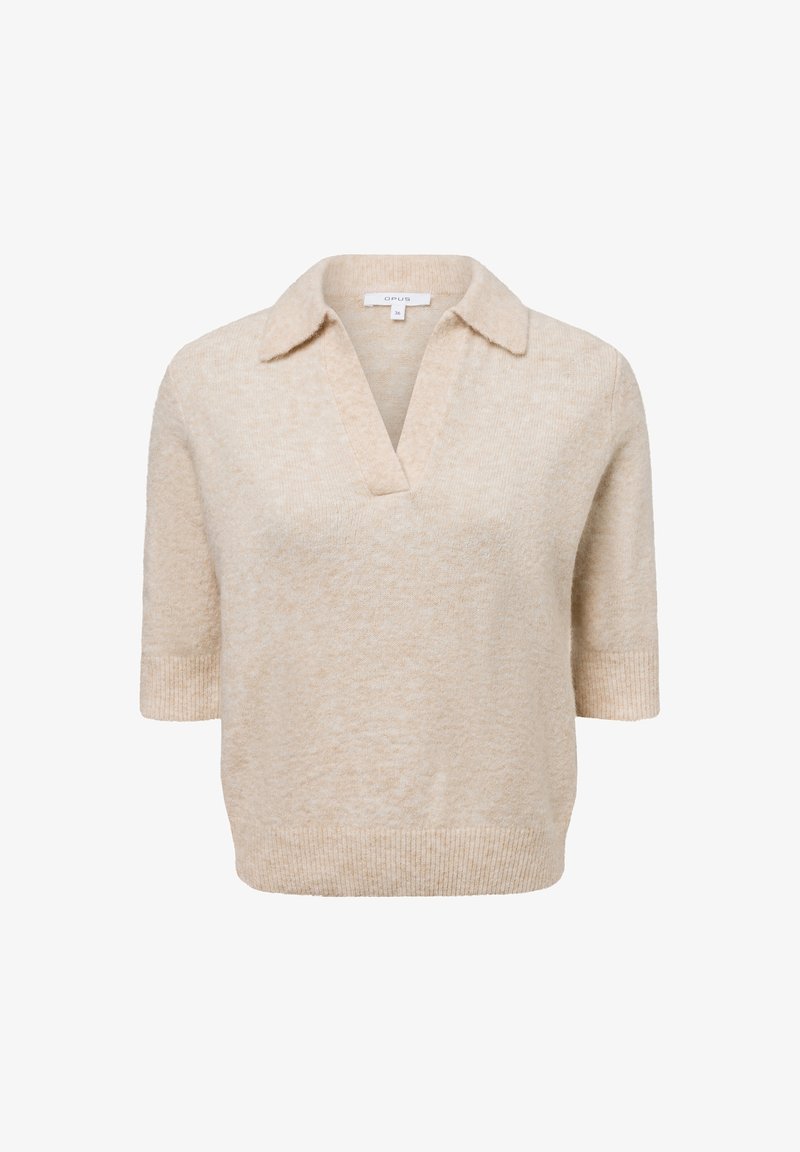 Pull beige à manches courtes en maille avec col et ouverture en V, poignets et ourlet côtelés, fabriqué par Opus, taille 36.