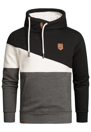 Hooded sweatshirt featuring a color-block design in black, white, and heather gray. Includes a front pocket and drawstring with metal tips.
