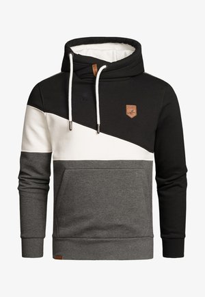 Hooded sweatshirt featuring a color-block design in black, white, and heather gray. Includes a front pocket and drawstring with metal tips.