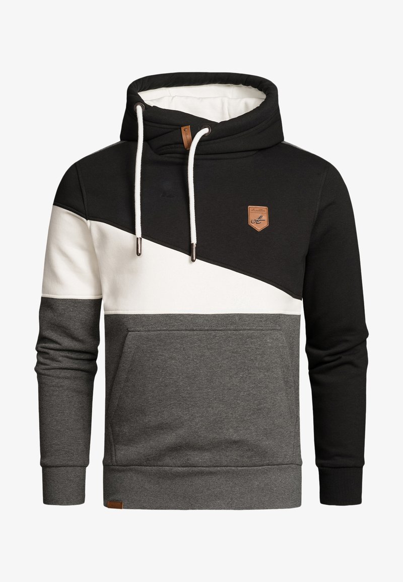 Kapuzensweatshirt mit einem Farbblockdesign in Schwarz, Weiß und Meliertem Grau. Mit einer Fronttasche und einem Kordelzug mit Metallenden.