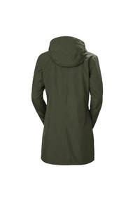 Olijfgroene waterdichte jas met een aansluitende капюшон, lange mouwen en een lengte tot halverwege de dij, met een gladde, lichte textuur.