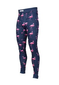 Marineblaue Leggings mit einem wiederholten pinken Flamingo-Muster, aus dehnbarem Material gefertigt, mit einer körpernahen Passform und elastischem Bund.