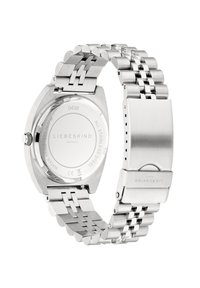 Edelstahlarmbanduhr mit einem polierten Silberarmband und einem runden Gehäuse. Die Rückseite zeigt den Markennamen und Details zur Wasserdichtigkeit.