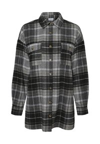 Koszula flanelowa w kratę w odcieniach szarości z czarnymi i białymi akcentami. Posiada dwie kieszenie na piersiach i zapięcie na guziki. Długie rękawy z detalami przy mankietach.