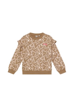 Brauner Kinder-Sweatshirt mit langen Ärmeln, auf dem ganzen Stoff weiße Herzumrisse und das Wort "Love" in Pink auf der Brust gestickt.