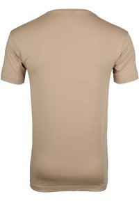 Beige t-shirt met korte mouwen, gemaakt van gladde katoenstof. Heeft een ronde hals en een aansluitend ontwerp met minimalistische stikdetails.