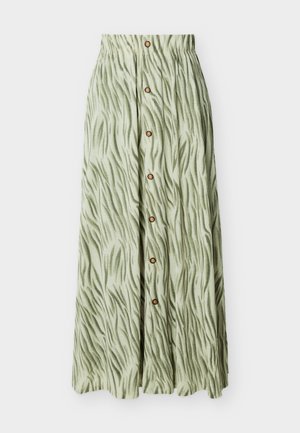 Jupe longue vert clair avec des rayures abstraites vert foncé, fermeture à boutons sur le devant et taille élastique froncée.