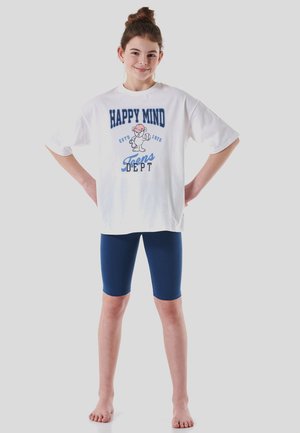 White cotton T-shirt with blue "HAPPY MIND" graphic, short sleeves, paired with navy blue bike shorts, plain design, smooth texture.