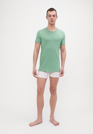 Ανοιχτό πράσινο βαμβακερό μπλουζάκι με στρογγυλή λαιμόκοψη, κοντά μανίκια και άνετη γραμμή, συνδυασμένο με λευκά σορτς μποξέρ. Το φόντο είναι λευκό.