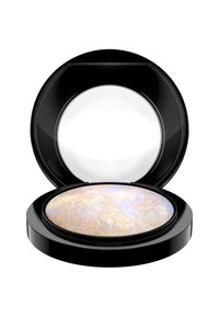Round black compact with a transparent lid, containing a shimmery, multi-colored powder with iridescent swirls and a smooth texture.