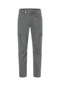 Cargo pants in gray fabric with a textured finish, featuring two side cargo pockets, a zip pocket, and tan accents on the waistband and zippers.