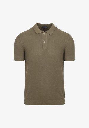Khaki poloshirt met korte mouwen, gemaakt van ribbelstof, met een klassieke kraag, drieknoopsluiting en een subtiel textuurpatroon.