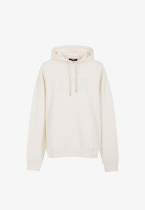 Off-white Kapuzenpullover mit Fronttasche, Kordelzug, langen Ärmeln und dezentem, eingeprägtem "EA7 Emporio Armani" Logo auf der Brust.