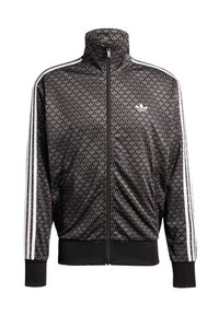 Čierna bunda na zips s geometrickým vzorom, bielymi pruhmi na rukávoch, vysokým golierom a čiernymi rebrovanými manžetami a lemom.