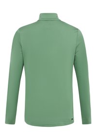 Poloko s dlhým rukávom v jednofarebnej zelenej farbe, s elegantným golierom a hladkou textúrou. Obsahuje malú čiernu značkovú nálepku na leme.