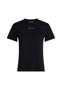 Melna kokvilnas T-kreklu ar apaļu kakla izgriezumu, īsām piedurknēm un izkaisītiem rhinestone akcentiem priekšā, ar centrālo logo detaļu.