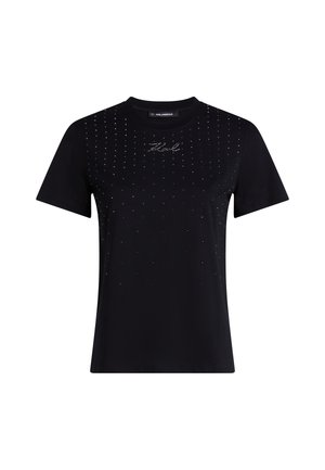 Black cotton T-shirt featuring a crew neck, short sleeves, and scattered rhinestone accents across the front, with a centered logo detail.