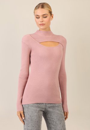 Pink ribbed long-sleeve sweater with a round neckline and a keyhole cutout. Fabric appears soft, fitted, and lightweight.