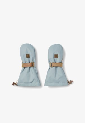 Vaaleansiniset lapaset, joissa on ruskeat säädettävät hihnat, valmistettu sileästä kankaasta. Sisältää logopatchin ja kiristysnyörin ranteessa tiukan istuvuuden varmistamiseksi.