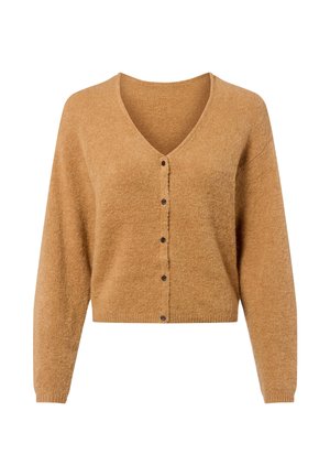 Light brown cropped cardigan with long sleeves, a V-neck, and five front buttons on a plain white background.