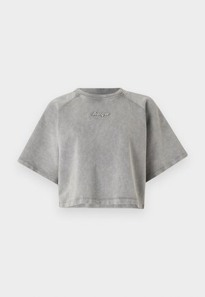 Graues, kurz geschnittenes Sweatshirt mit kurzen Ärmeln, einem gerippten Rundhalsausschnitt und kleinem, gesticktem "hugo"-Logo mittig auf der Brust.