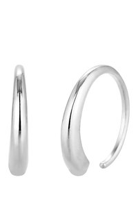 Hõbedased rõngas kõrvarõngad, mille pind on sile ja läikiv; minimalistliku disainiga, ümarate servadega, mis annavad sellele kaasaegse ilme.