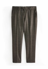 Maßgeschneiderte braune Hose aus strukturiertem Stoff, mit flachem Bund, Gürtelschlaufen und seitlichen Taschen. Glatte Oberfläche mit subtilen Mustern.