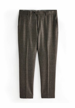 Tailored brown trousers with a textured fabric, featuring a flat front, belt loops, and side pockets. Smooth finish with subtle patterning.