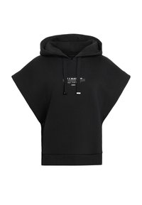 Svart överdimensionerad hoodie. Har vida ärmar, en känguruficka och en logotyp framtill. Mjuk tyg med en slät yta.