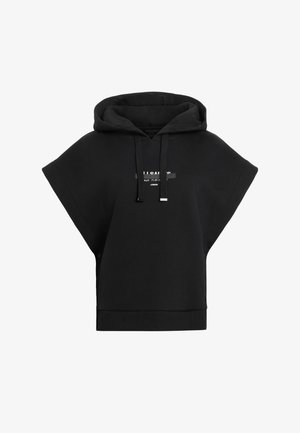 Felpa nera oversize con cappuccio. Presenta maniche ampie, una tasca a marsupio e un logo frontale. Tessuto morbido con una superficie liscia.