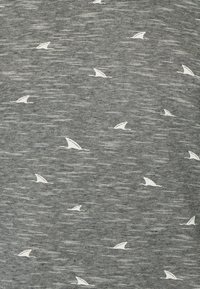 Gray fabric with textured surface, featuring white sailboat patterns against horizontal stripes. Subtle sheen adds depth.