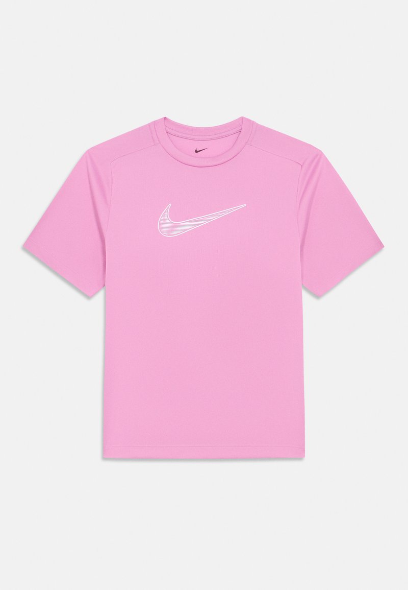 Roze Nike T-shirt met korte mouwen en een ronde hals. Voorzien van een witte Nike swoosh-logo op de borst, een zachte stoftextuur en schone randen.