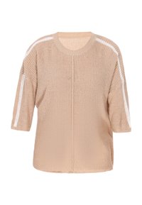 Beige gestrickter Pullover mit kurzen Ärmeln, mit weißen Seitenstreifen, runder Halslinie und lockerer Passform. Strukturierter Stoff, lässiges Design.