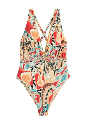 Einteiliger Badeanzug mit buntem tropischem Muster, tiefem V-Ausschnitt, überkreuzten Rückenriemen und geflochtenem Taillendetail.