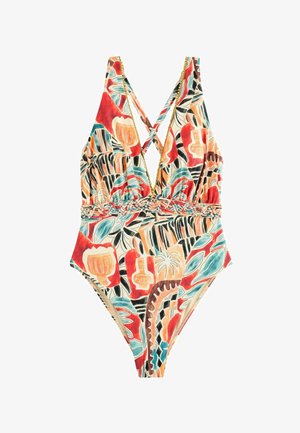 Einteiliger Badeanzug mit buntem tropischem Muster, tiefem V-Ausschnitt, überkreuzten Rückenriemen und geflochtenem Taillendetail.
