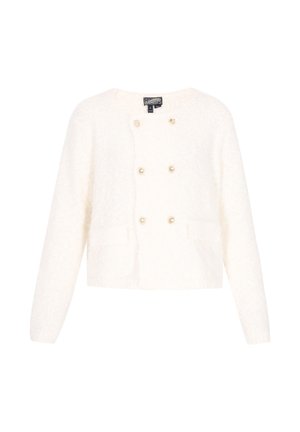 Hvid cropped cardigan lavet af tekstureret stof, med rund halsudskæring, dobbeltknap-design og gyldne knapdetaljer.