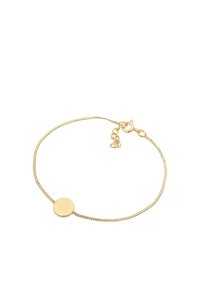Guldarmband med en strukturerad cirkulär hänge, med ett fint kedja och justerbart lås för storleksvariation. Minimalistisk design.
