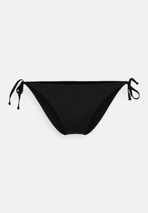 Zwarte bikini onderkant met verstelbare zijstrikjes, gemaakt van glad, rekbaar materiaal; klassieke driehoekige vorm; geen zichtbare patronen of hardware.