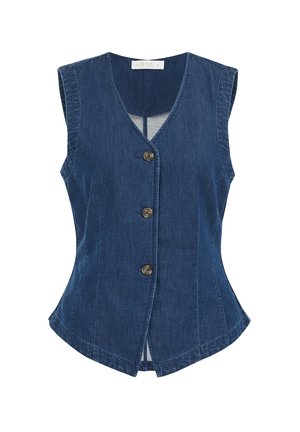 Denim vest, mørkeblå, ærmeløs, V-hals, fem knapper foran, tætsiddende form, med en let buet kant og slids på bagsiden.