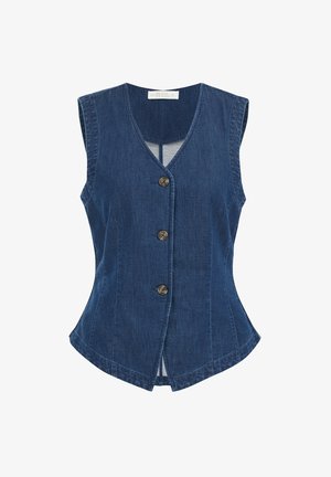 Denim vest, tume sinine, ilma varrukateta, V-kaelusega, viis nuppu ees, mugav algkuju, kerge kumerusega äär ja selja kohal lõhik.