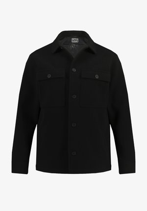 Schwarze Hemdjacke aus glattem Stoff, mit klassischem Kragen, zwei Brusttaschen und geradem Schnitt.