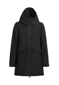 Black waterproof jacket with a zip closure, large hood, and two front pockets. Features a smooth texture and minimalist design.