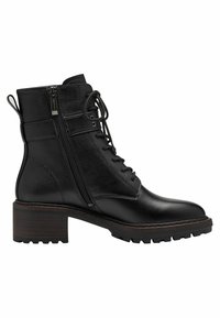 Bottines noires en cuir avec un laçage à l'avant, fermeture éclair sur le côté et tige texturée. Elles présentent un talon épais et une semelle crantée en caoutchouc pour une meilleure traction.